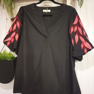 Entro Black Blouse with Red Leaf Embroidery